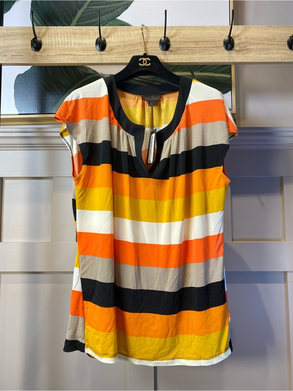 Worthington Striped Cap-Sleeve Top in Orange, Yellow, Black & White